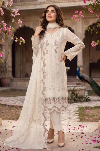 Cream heavy chiffon embroidered suit with hand moti & khatli work