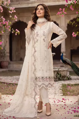 Cream heavy chiffon embroidered suit with hand moti & khatli work