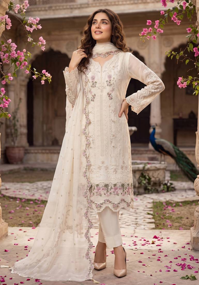 Cream heavy chiffon embroidered suit with hand moti & khatli work