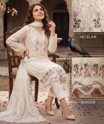 Cream heavy chiffon embroidered suit with hand moti & khatli work 2