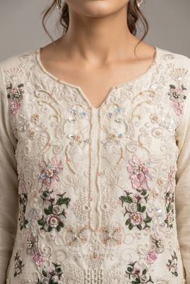 Cream heavy chiffon embroidered suit with hand moti & khatli work 3