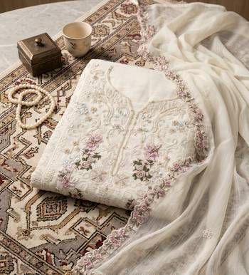 Cream heavy chiffon embroidered suit with hand moti & khatli work 4