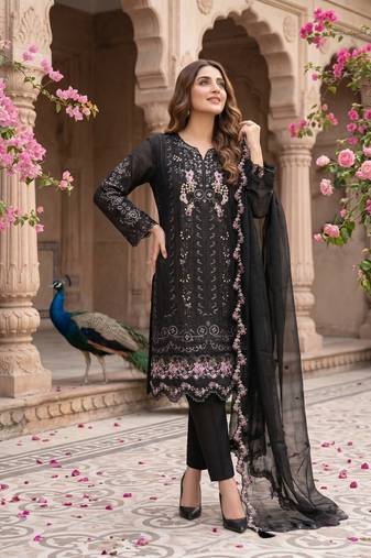 Black heavy chiffon embroidered suit with hand moti & khatli work