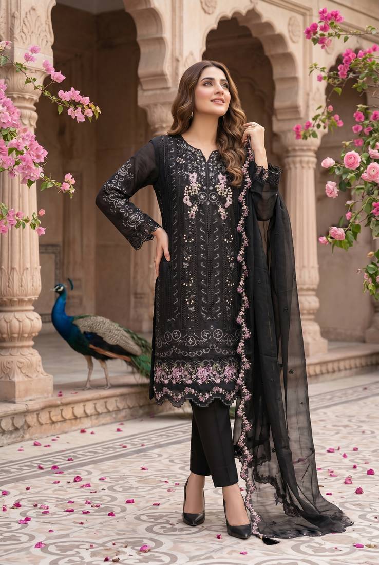 Black heavy chiffon embroidered suit with hand moti & khatli work