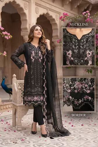 Black heavy chiffon embroidered suit with hand moti & khatli work