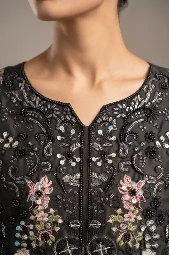 Black heavy chiffon embroidered suit with hand moti & khatli work