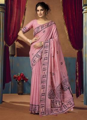 Baby pink  modal worli work with pumpum casual wear saree 1