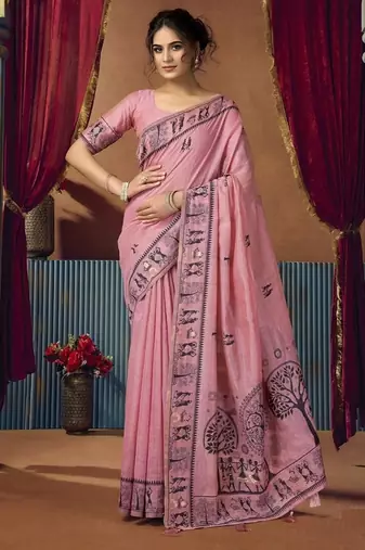 Baby pink  modal worli work with pumpum casual wear saree