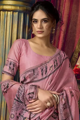 Baby pink  modal worli work with pumpum casual wear saree
