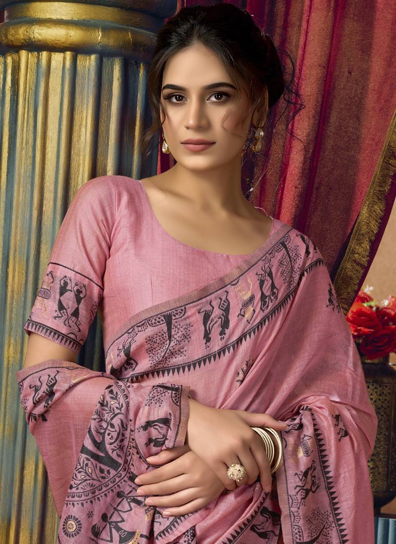 Baby pink  modal worli work with pumpum casual wear saree