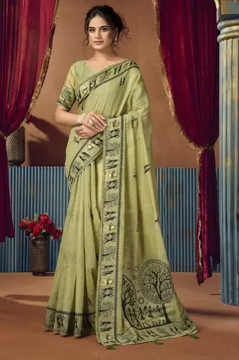 Olive modal worli work with pumpum casual wear saree