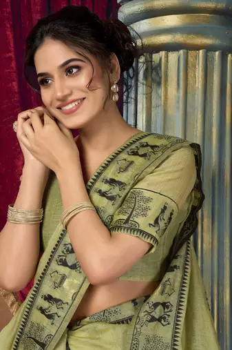 Olive modal worli work with pumpum casual wear saree