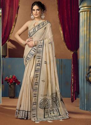 Beige modal worli work with pumpum casual wear saree 1