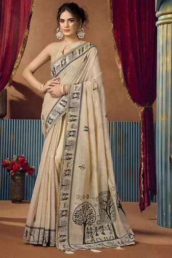 Beige modal worli work with pumpum casual wear saree