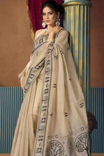 Beige modal worli work with pumpum casual wear saree