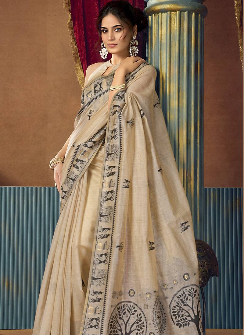 Beige modal worli work with pumpum casual wear saree