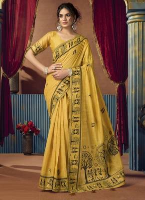 Yellow modal worli work with pumpum casual wear saree 1