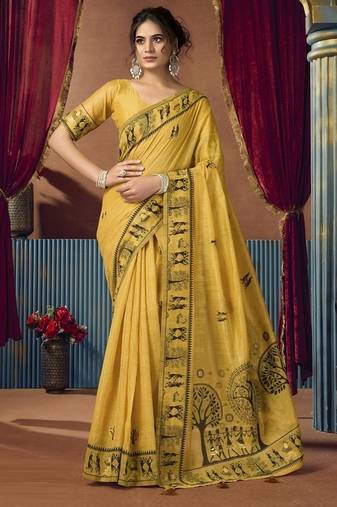 Yellow modal worli work with pumpum casual wear saree