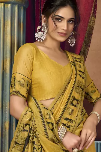 Yellow modal worli work with pumpum casual wear saree