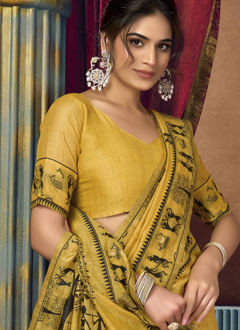 Yellow modal worli work with pumpum casual wear saree