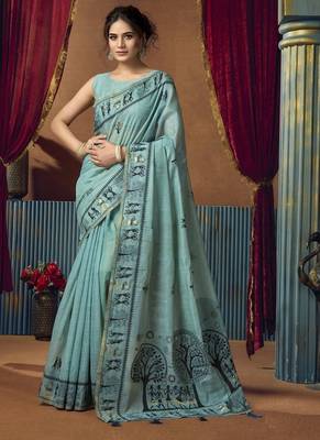 Sky blue modal worli work with pumpum casual wear saree 1