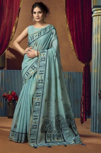 Sky blue modal worli work with pumpum casual wear saree