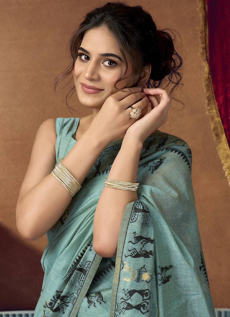 Sky blue modal worli work with pumpum casual wear saree