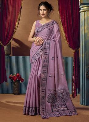 Lavender  modal worli work with pumpum casual wear saree 1