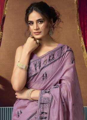 Lavender  modal worli work with pumpum casual wear saree 2