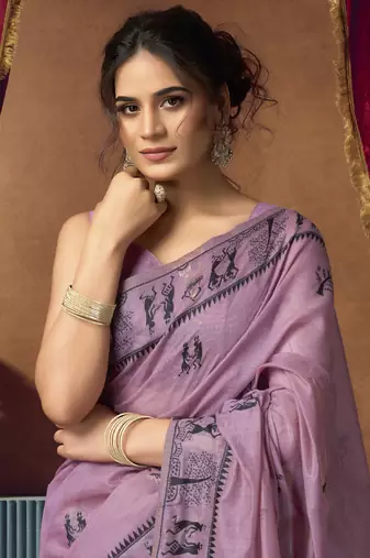 Lavender  modal worli work with pumpum casual wear saree