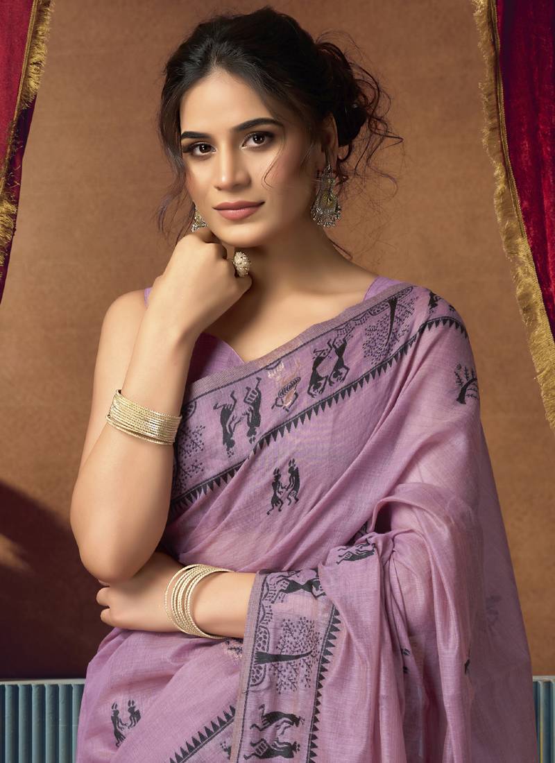 Lavender  modal worli work with pumpum casual wear saree