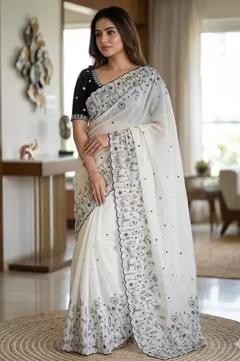 White star georgette embroidered saree with un-stitched blouse