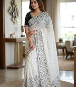 White color star georgette embroidered saree with un-stitched blouse