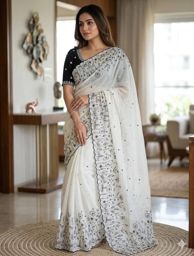 White color star georgette embroidered saree with un-stitched blouse