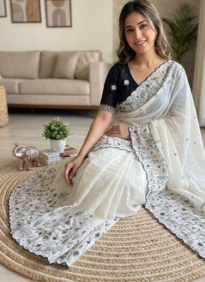White star georgette embroidered saree with un-stitched blouse 2