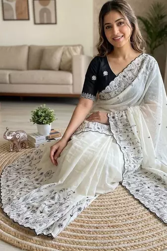 White star georgette embroidered saree with un-stitched blouse