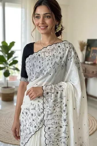 White star georgette embroidered saree with un-stitched blouse