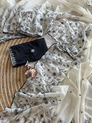 White star georgette embroidered saree with un-stitched blouse 4