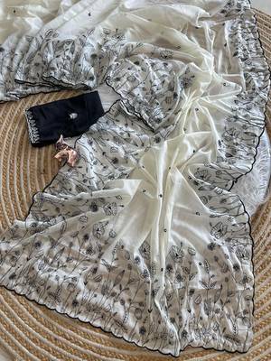 White star georgette embroidered saree with un-stitched blouse 5