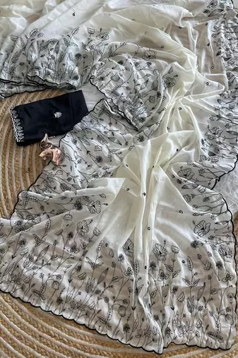 White star georgette embroidered saree with un-stitched blouse