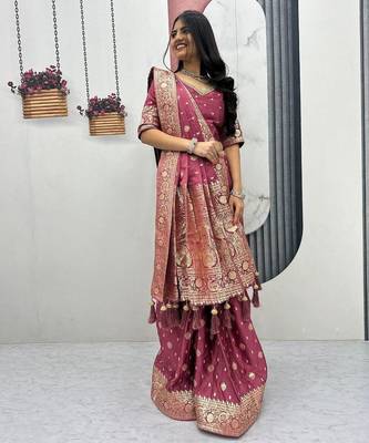 Pink art silk jacquard latkan work pre stitched ready to wear saree with un-stitched blouse 1