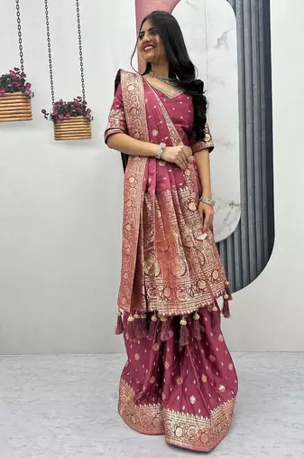 Pink color art silk jacquard latkan work pre stitched ready to wear saree with un-stitched blouse