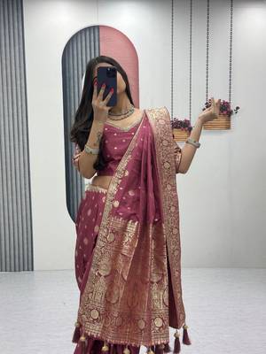Pink art silk jacquard latkan work pre stitched ready to wear saree with un-stitched blouse 3