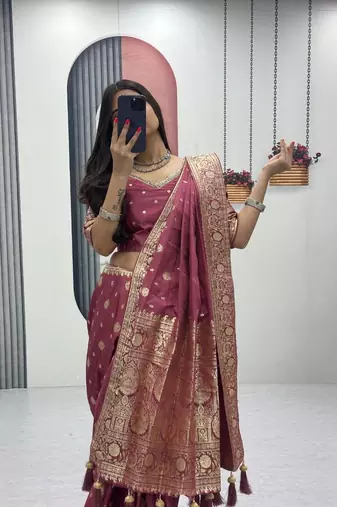 Pink color art silk jacquard latkan work pre stitched ready to wear saree with un-stitched blouse