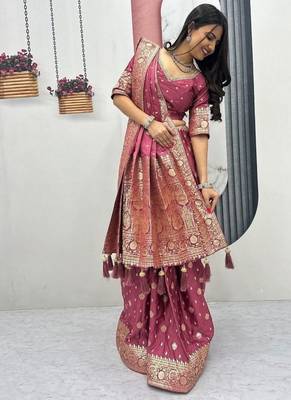 Pink art silk jacquard latkan work pre stitched ready to wear saree with un-stitched blouse 4