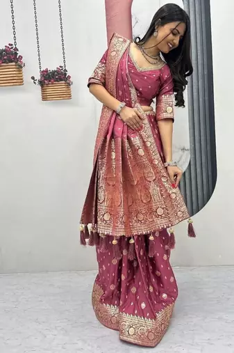Pink color art silk jacquard latkan work pre stitched ready to wear saree with un-stitched blouse