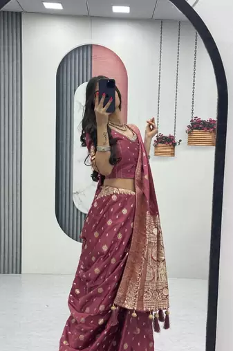 Pink color art silk jacquard latkan work pre stitched ready to wear saree with un-stitched blouse