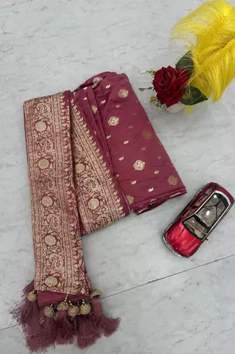 Pink color art silk jacquard latkan work pre stitched ready to wear saree with un-stitched blouse