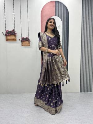 Blue art silk jacquard latkan work pre stitched ready to wear saree with un-stitched blouse 1
