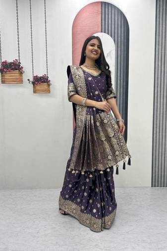 Blue art silk jacquard latkan work pre stitched ready to wear saree with un-stitched blouse